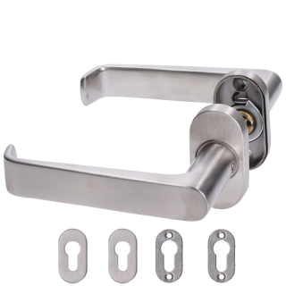 EB1-KOR02 kľučka nerezová (pár) vrátane dolnej rozety, balenie: 2ks kľučka + 2ks dolná rozeta, príslušenstvo k montáži, brúsená nerez K320 /AISI304