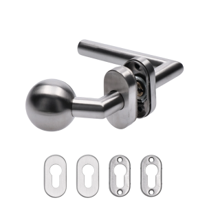 EB1-KGP-R kľučka (pravá) + guľa (pevná), vyhnutá vrátane dolnej rozety, balenie: 1ks kľučka (pravá), 1ks guľa, 2ks dolná oválna rozeta,brúsená nerez AISI304