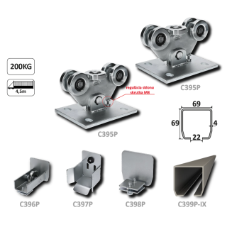 Set-P-Kombi - PICCOLO-Kombinovaný (Nerez/Pozink) samonosný systém 67x67x3mm pre posuvné brány do 200kg/4,5m otvor (C399P-IX 1x6m nerezový profil, C395P 2ks, C397P 1ks, C396P 1ks, C398P 1ks)