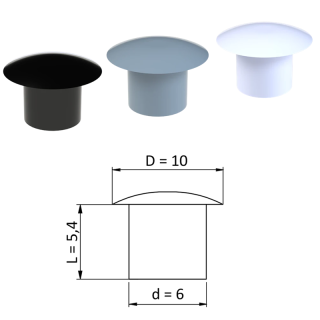 ZDO10x6 - Vnútorná krytka guľatá ø 10 mm, otvor ø 6 mm, plast - Biela, Čierna, Šedá