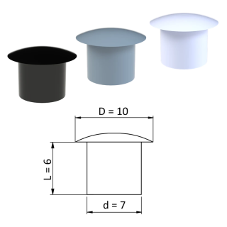 ZDO10x7 - Vnútorná krytka guľatá ø 10 mm, otvor ø 7 mm, plast - Biela, Čierna, Šedá