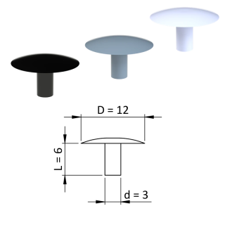 ZDO12x3 - Vnútorná krytka guľatá ø 12 mm, otvor ø 3 mm, plast - Biela, Čierna, Šedá