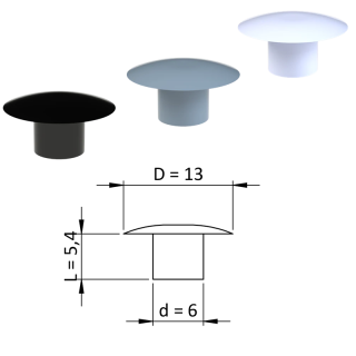 ZDO13x6 - Vnútorná krytka guľatá ø 13 mm, otvor ø 6 mm, plast- Biela, Čierna, Šedá