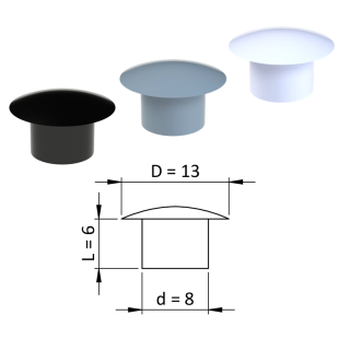 ZDO13x8 - Vnútorná krytka guľatá ø 13 mm, otvor ø 8 mm, plast- Biela, Čierna, Šedá