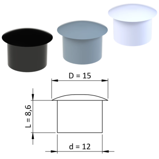 ZDO15x12 - Vnútorná krytka guľatá ø 15 mm, otvor ø 12 mm, plast - Biela, Čierna, Šedá